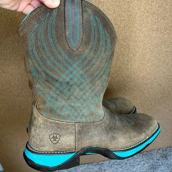 Ariat Womens Leather Boots Western Turquoise Stitch Square Toe Brown 8B