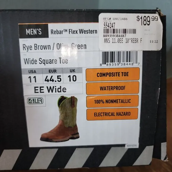 Ariat Work Rebar Flex Western Wide Square Toe Boots Sz 11EE