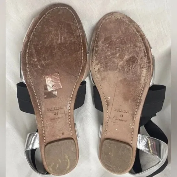 Authentic Prada Leather Shoes Sandals Silver USA 10M 41 EU Party Cruise Beach