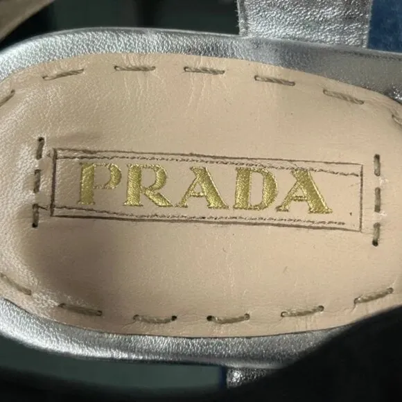 Authentic Prada Leather Shoes Sandals Silver USA 10M 41 EU Party Cruise Beach