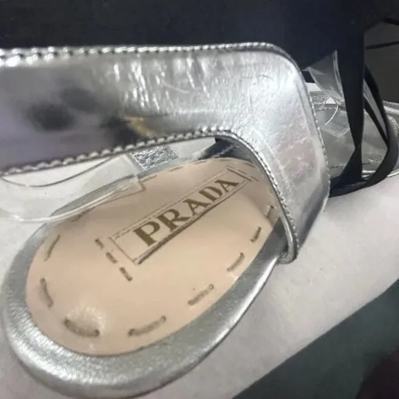 Authentic Prada Leather Shoes Sandals Silver USA 10M 41 EU Party Cruise Beach