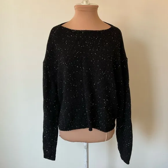 Autumn Cashmere Sequin Rugby Black Boatneck Hi Low Pullover Sweater NWT Size M