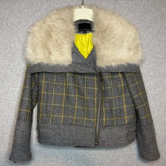 Banana Republic Plaid Moto Jacket Wool Blend Faux Fur Collar Bomber Sz Small P