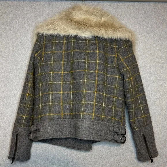 Banana Republic Plaid Moto Jacket Wool Blend Faux Fur Collar Bomber Sz Small P