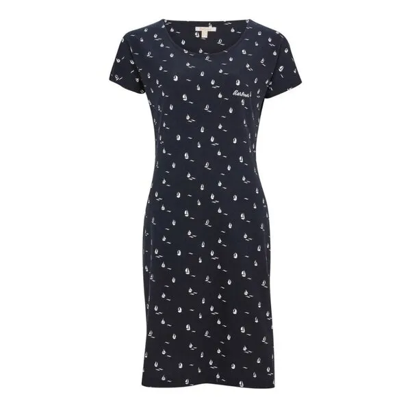 Barbour T Shirt Dress 6 Short Sleeve Cotton Blue Harewood Navy Boats Stretch