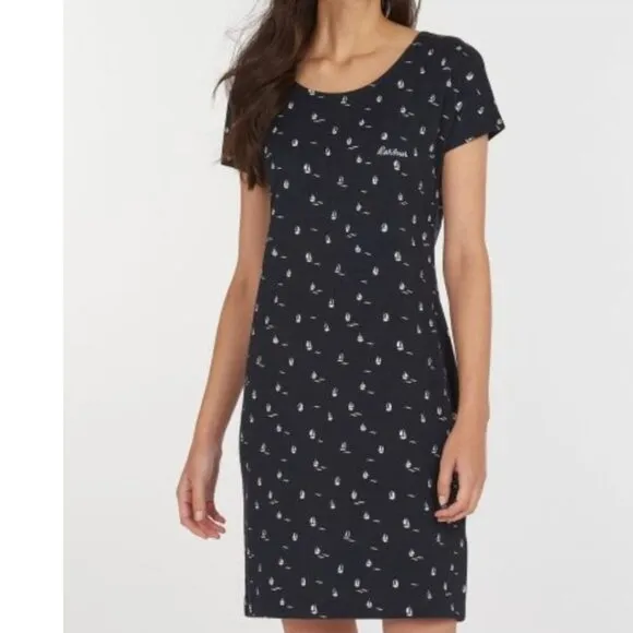 Barbour T Shirt Dress 6 Short Sleeve Cotton Blue Harewood Navy Boats Stretch