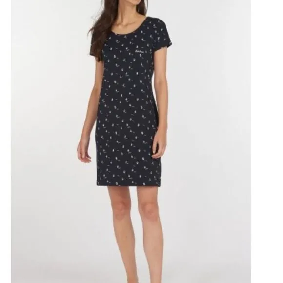 Barbour T Shirt Dress 6 Short Sleeve Cotton Blue Harewood Navy Boats Stretch