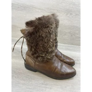 Bastien Women's 8 Brown Leather Shearling Lined Faux Fur Biker Ankle Bootie