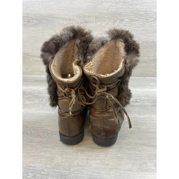 Bastien Women's 8 Brown Leather Shearling Lined Faux Fur Biker Ankle Bootie