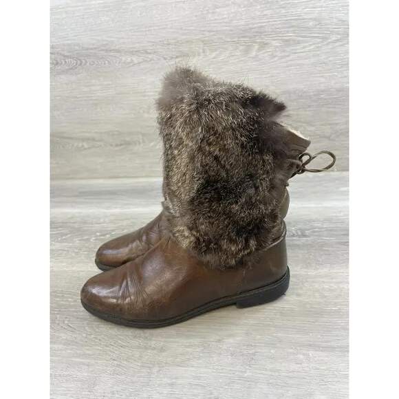 Bastien Women's 8 Brown Leather Shearling Lined Faux Fur Biker Ankle Bootie