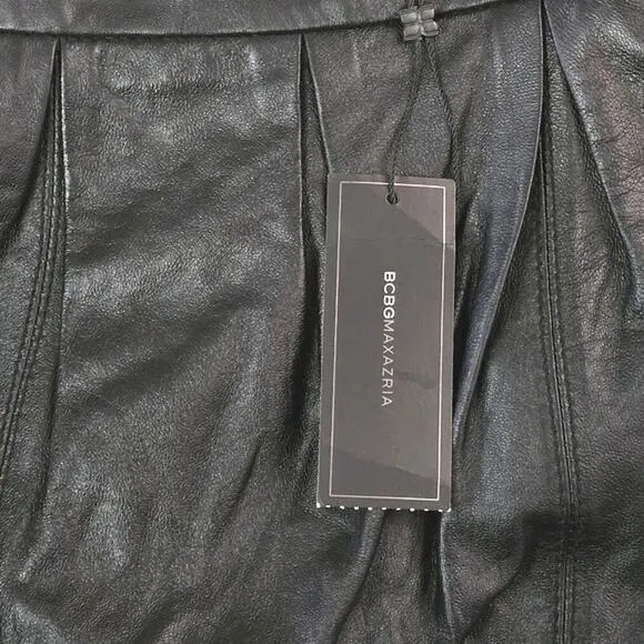 BCBGMaxAzria Women's Leather Skirt Black Lambskin Pleated Mini Size L Mid Rise