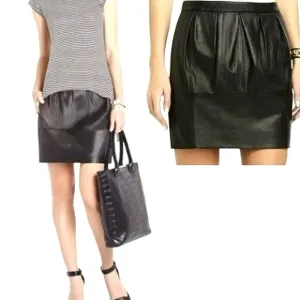 BCBGMaxAzria Women's Leather Skirt Black Lambskin Pleated Mini Size L Mid Rise