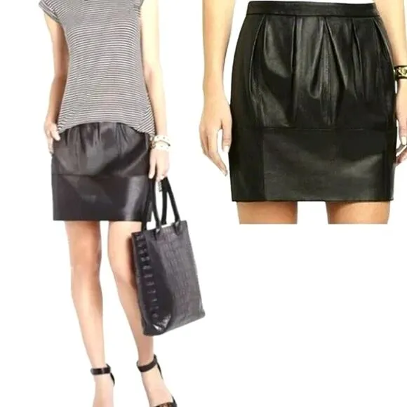 BCBGMaxAzria Women's Leather Skirt Black Lambskin Pleated Mini Size L Mid Rise