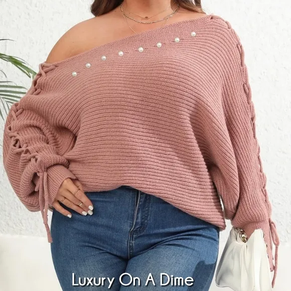 Beaded Pearl Lace Up Sleeve Off Shoulder Asymmetrical Boat Neck Sweater