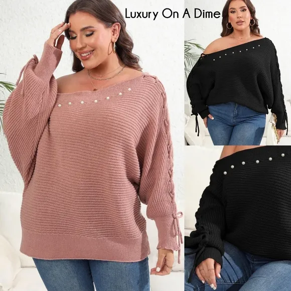 Beaded Pearl Lace Up Sleeve Off Shoulder Asymmetrical Boat Neck Sweater