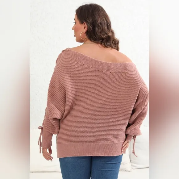 Beaded Pearl Lace Up Sleeve Off Shoulder Asymmetrical Boat Neck Sweater