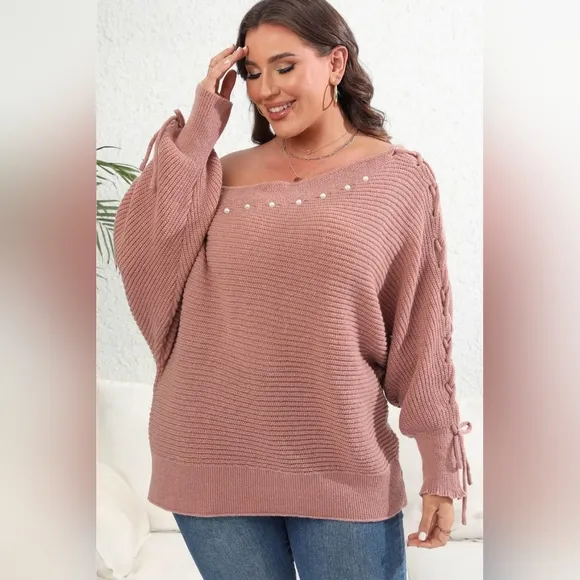Beaded Pearl Lace Up Sleeve Off Shoulder Asymmetrical Boat Neck Sweater