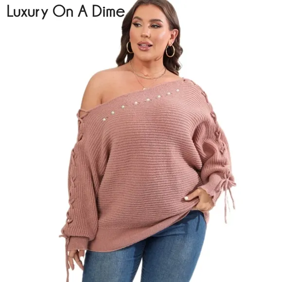 Beaded Pearl Lace Up Sleeve Off Shoulder Asymmetrical Boat Neck Sweater