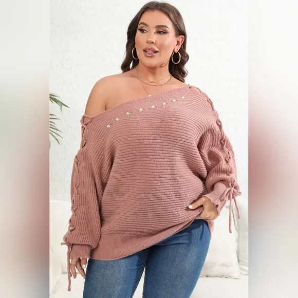 Beaded Pearl Lace Up Sleeve Off Shoulder Asymmetrical Boat Neck Sweater