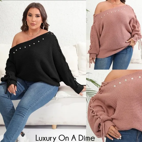 Beaded Pearl Lace Up Sleeve Off Shoulder Asymmetrical Boat Neck Sweater