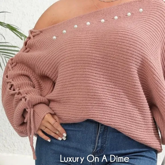 Beaded Pearl Lace Up Sleeve Off Shoulder Asymmetrical Boat Neck Sweater