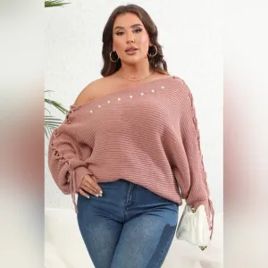 Beaded Pearl Lace Up Sleeve Off Shoulder Asymmetrical Boat Neck Sweater