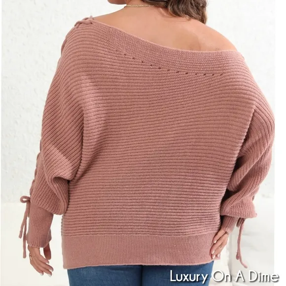 Beaded Pearl Lace Up Sleeve Off Shoulder Asymmetrical Boat Neck Sweater
