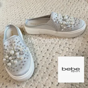 BEBE SPORT Studded Crystals Pearls Platform Sneakers 7.5 1/2 slip-on mule shoes