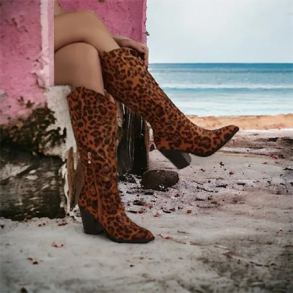 Berness Arizona Leopard Print Western Embroidered Low Heeled Cowboy Boots