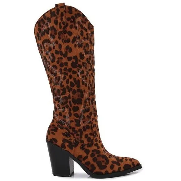 Berness Arizona Leopard Print Western Embroidered Low Heeled Cowboy Boots