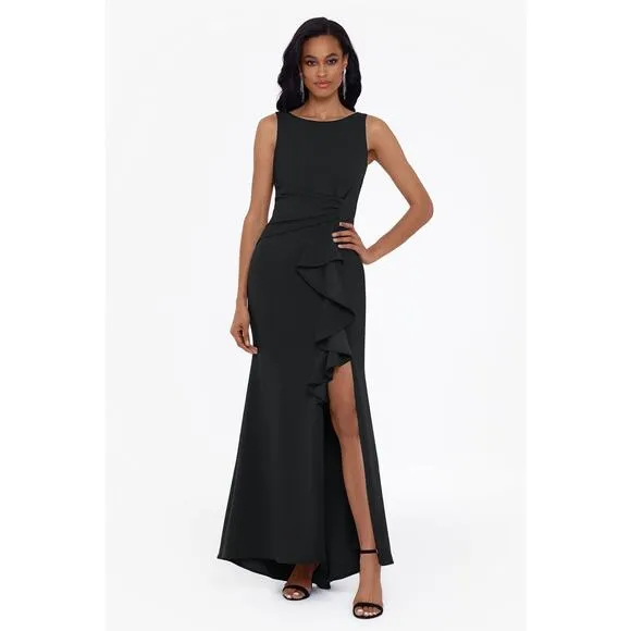Betsy &amp; Adam &quot;CHRISTINE&quot; SCUBA CREPE RUFFLED BOW GOWN Black NWT 8