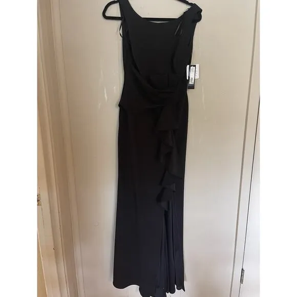 Betsy &amp; Adam &quot;CHRISTINE&quot; SCUBA CREPE RUFFLED BOW GOWN Black NWT 8