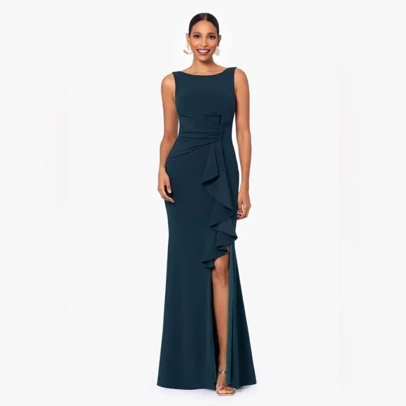 Betsy &amp; Adam &quot;CHRISTINE&quot; SCUBA CREPE RUFFLED BOW GOWN in black size 8 NWOT