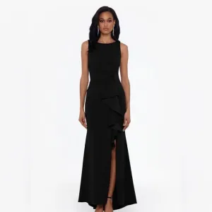 Betsy &amp; Adam &quot;CHRISTINE&quot; SCUBA CREPE RUFFLED BOW GOWN in black size 8 NWOT