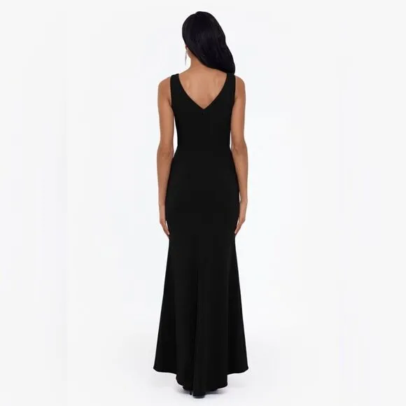 Betsy &amp; Adam NWT &quot;CHRISTINE&quot; SCUBA CREPE RUFFLED BOW GOWN in Black Size 12