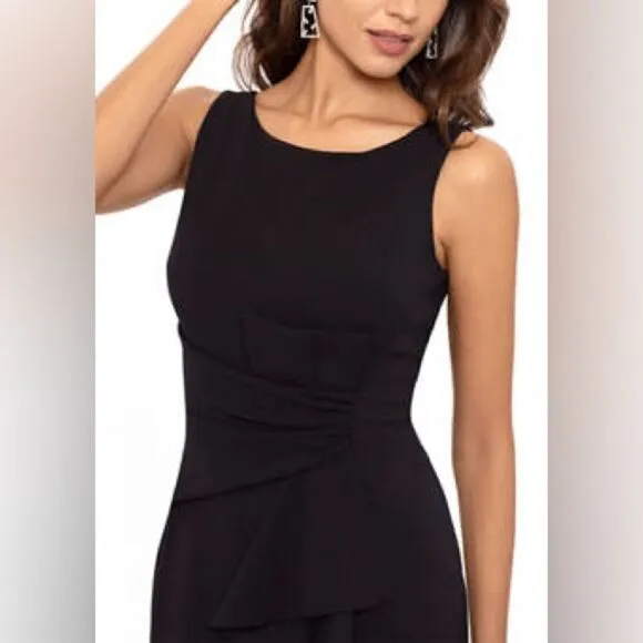 Betsy &amp; Adam NWT &quot;CHRISTINE&quot; SCUBA CREPE RUFFLED BOW GOWN in Black Size 12