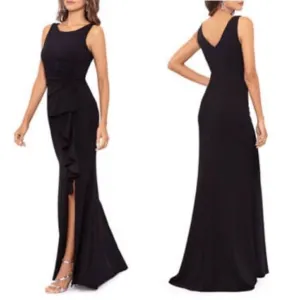Betsy &amp; Adam NWT &quot;CHRISTINE&quot; SCUBA CREPE RUFFLED BOW GOWN in Black Size 12