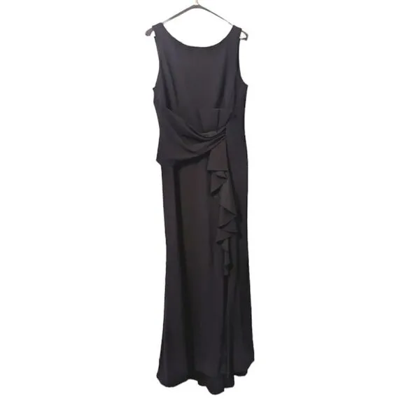 Betsy &amp; Adam NWT &quot;CHRISTINE&quot; SCUBA CREPE RUFFLED BOW GOWN in Black Size 12