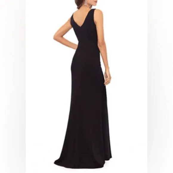 Betsy &amp; Adam NWT &quot;CHRISTINE&quot; SCUBA CREPE RUFFLED BOW GOWN in Black Size 12