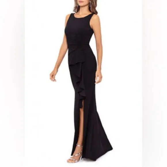 Betsy &amp; Adam NWT &quot;CHRISTINE&quot; SCUBA CREPE RUFFLED BOW GOWN in Black Size 12