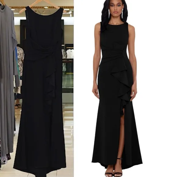 Betsy &amp; Adam Scuba Crepe Boat Neck Cascading Ruffle Gown Size 8 black NWT