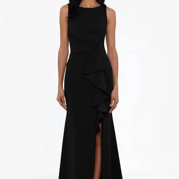 Betsy &amp; Adam Scuba Crepe Boat Neck Cascading Ruffle Gown Size 8 black NWT