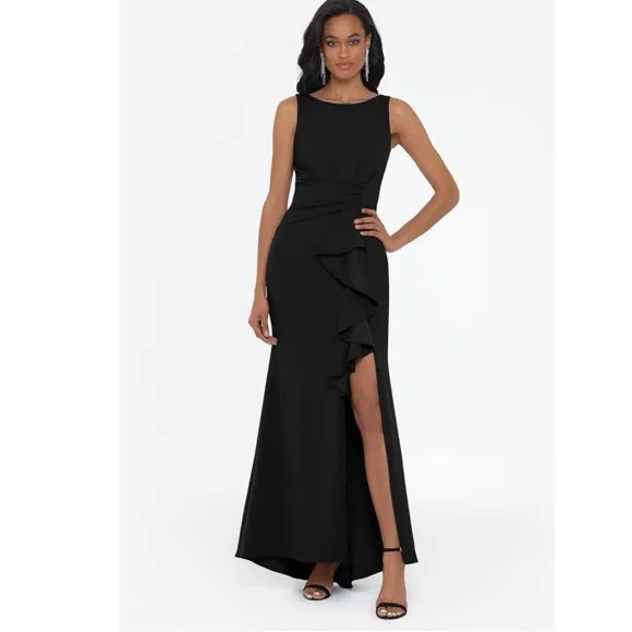Betsy &amp; Adam Scuba Crepe Boat Neck Cascading Ruffle Gown Size 8 black NWT