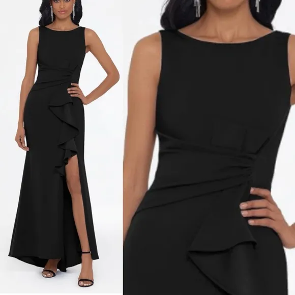 Betsy &amp; Adam Scuba Crepe Boat Neck Cascading Ruffle Gown Size 8 black NWT