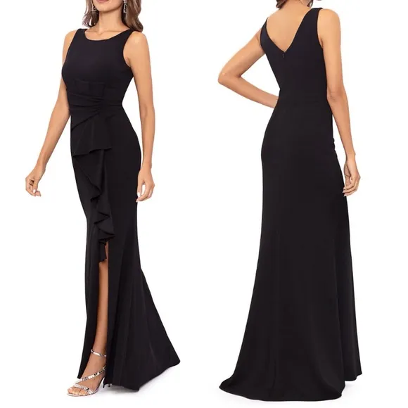 Betsy &amp; Adam Scuba Crepe Boat Neck Cascading Ruffle Gown Size 8 black NWT