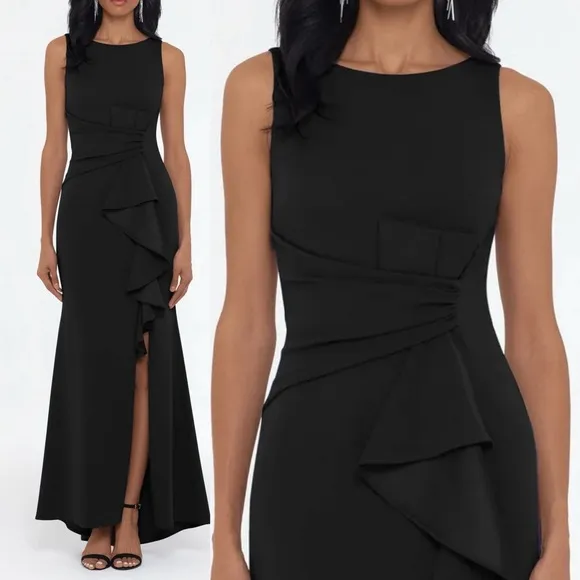 Betsy &amp; Adam Scuba Crepe Boat Neck Cascading Ruffle Gown Size 8 black NWT