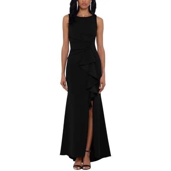 Betsy &amp; Adam Scuba Crepe Boat Neck Cascading Ruffle Gown Size 8 black NWT