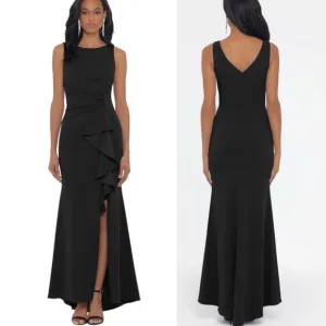 Betsy &amp; Adam Scuba Crepe Boat Neck Cascading Ruffle Gown Size 8 black NWT