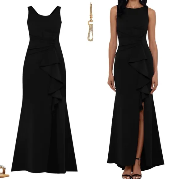 Betsy &amp; Adam Scuba Crepe Boat Neck Cascading Ruffle Gown Size 8 black NWT