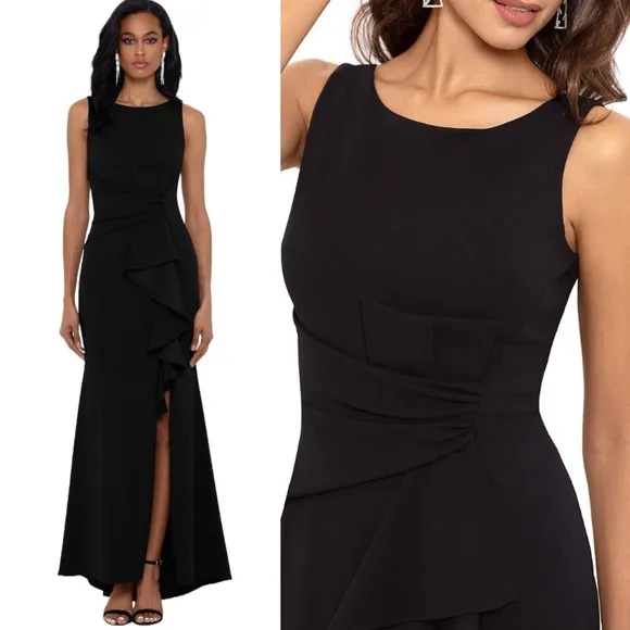 Betsy &amp; Adam Scuba Crepe Boat Neck Cascading Ruffle Gown Size 8 black NWT